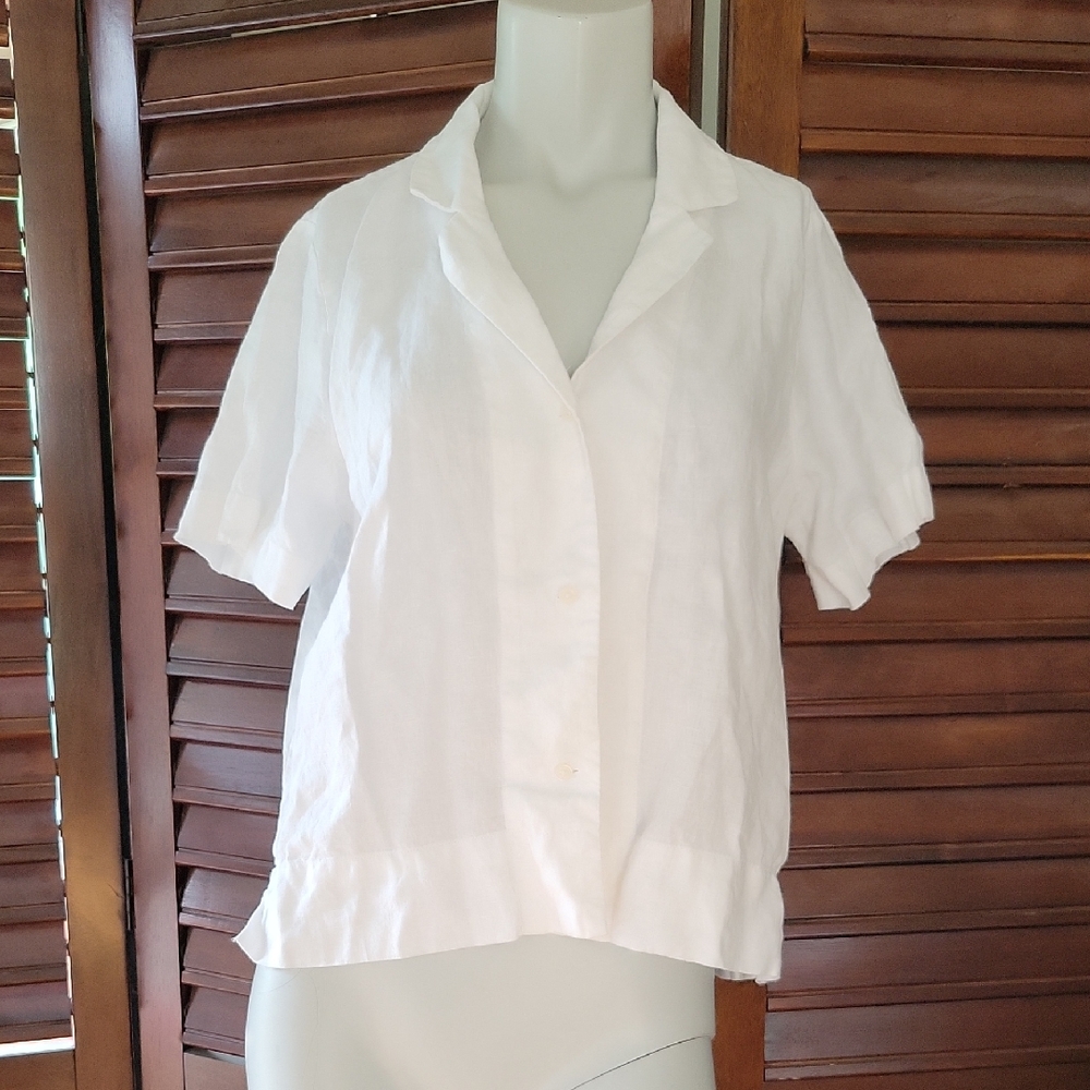 Quince White Linen Button Front Blouse Short Sleeve Lightweight Collared Top SM